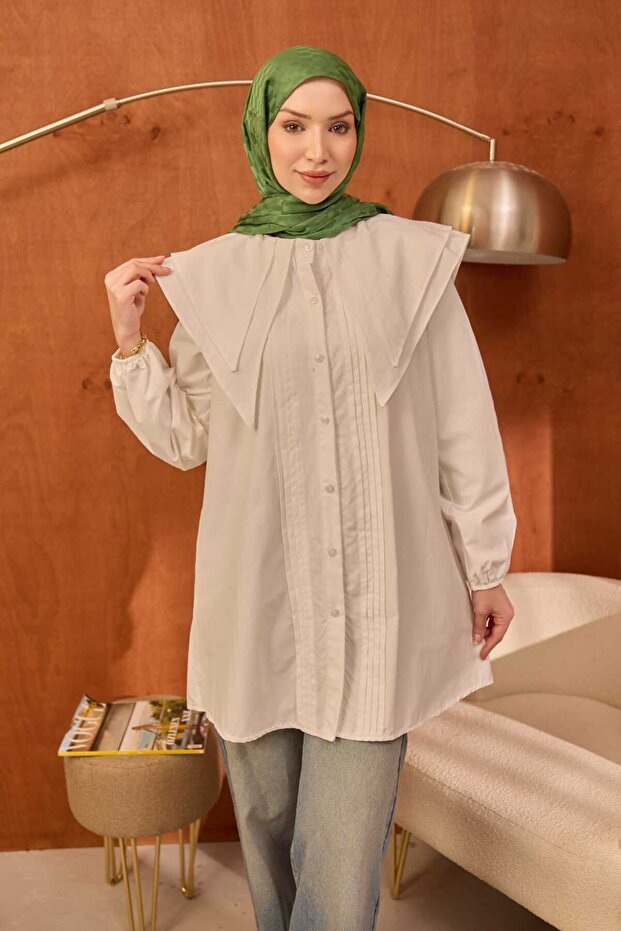 White Ribbed Front Double Collar Poplin Tunic