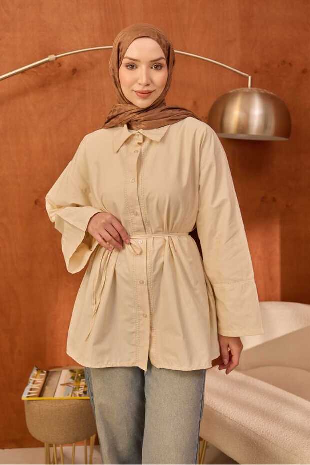 Cream Buttoned Wide Sleeve Waist Tie Tunic