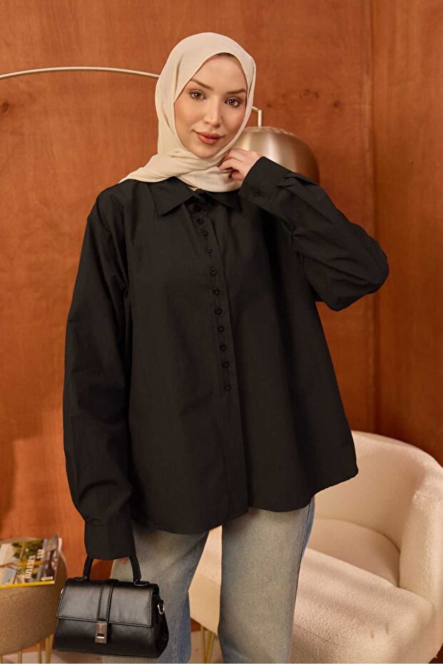 Black Buttoned Asymmetrical Cut Terikoton Shirt