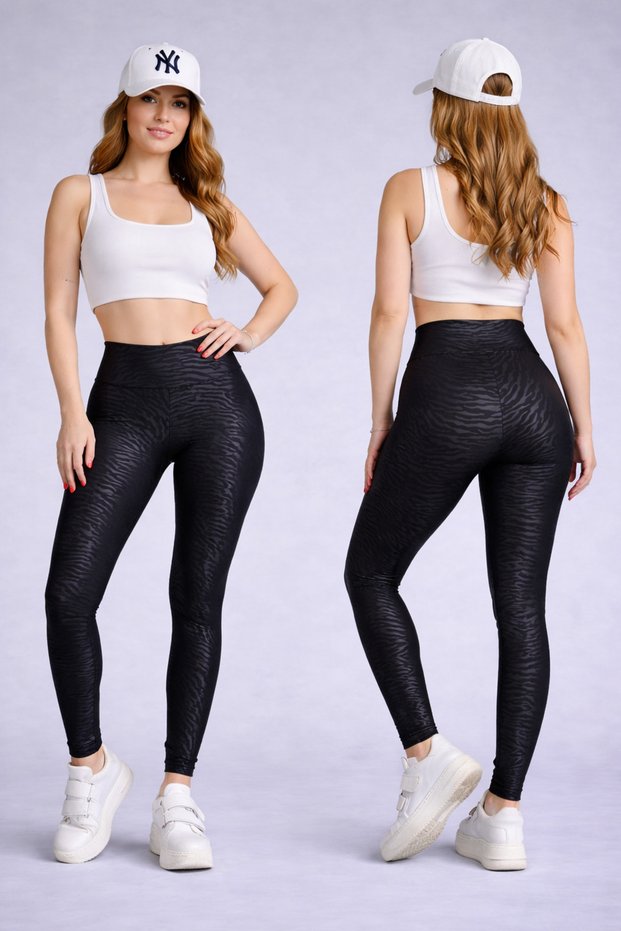 High Waist Gathering Effect Zebra Patterned Sports Leggings Black Flexible Fitness & Daily Use