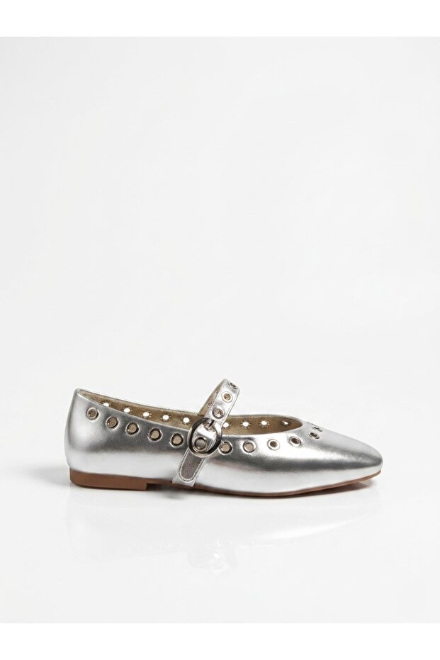 Metallic Ring Detailed Square Toe Mary Jane Ballerinas