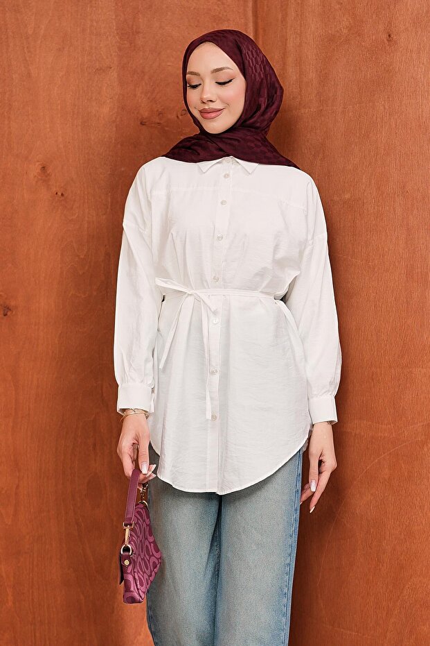 Ecru Buttoned Modal Shirt with String Ties