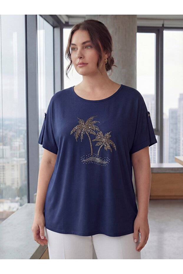 Sleeve Detailed Stone Printed Large Size T-Shirt Navy Blue