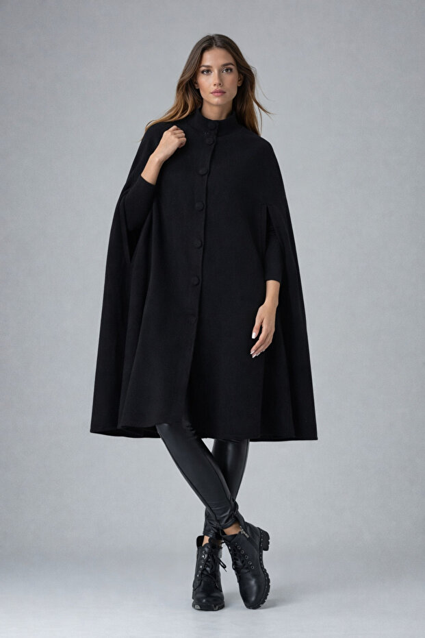 Women's Casual Black Sleeveless Cashmere Coat Poncho