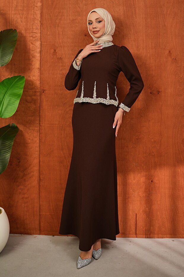 Brown Stone Detailed Design Evening Dress