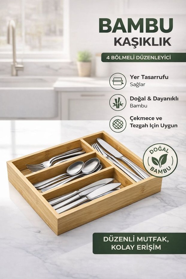Bamboo Spoon Holder 4 Compartment Drawer Organizer 30X20 Natural Wood