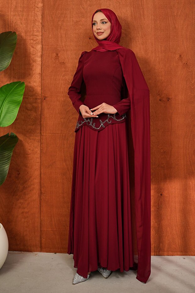 Burgundy Crepe Evening Dress with Stones on the Front