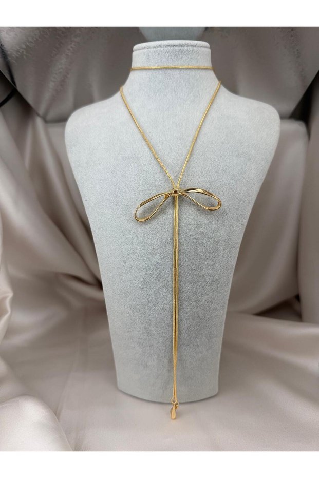 Gold Color Modern Bow Design Long Chain Necklace Trend Elegant Women's Jewelry