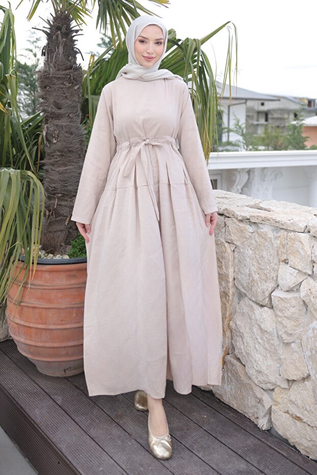 Beige Front Skirt Pleated Waist Tie Modal Woven Dress