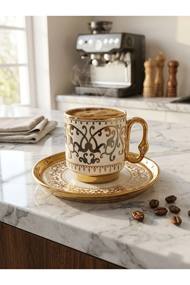 Sultan Gold Series - 6-Person Coffee Set with Lace Embroidery & Intensive Gold Embroidery