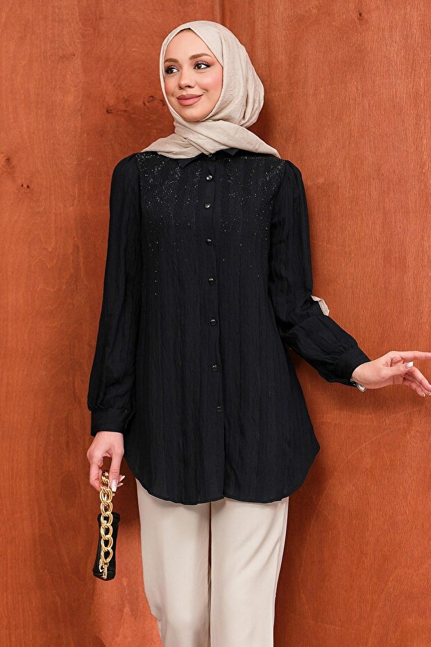 Black Stone Detailed Buttoned Shirt