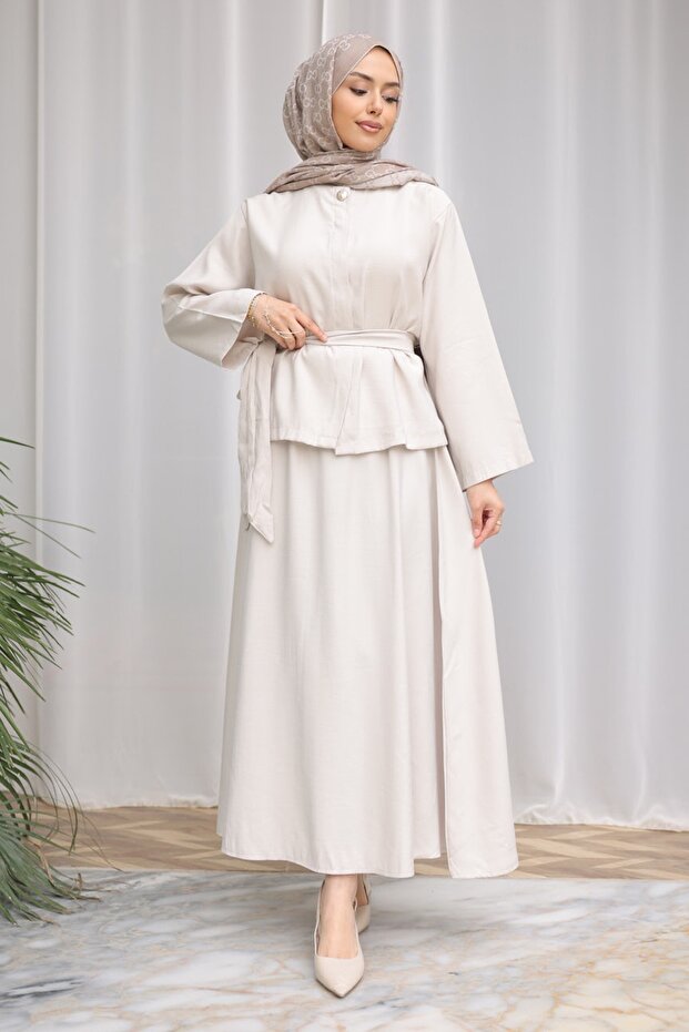 Stone Hidden Button Waist Belted Shirt Skirt Set