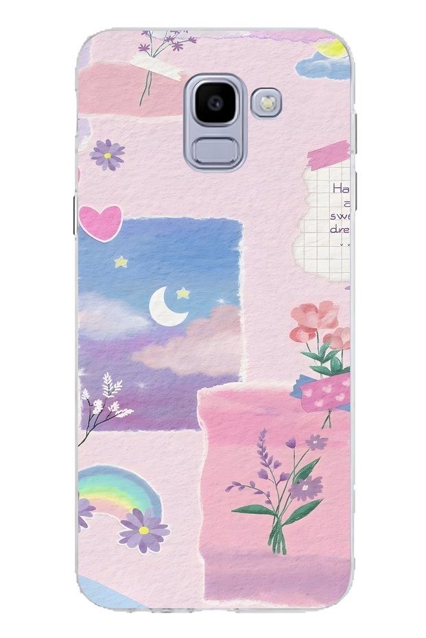 Samsung Galaxy J6 Compatible Pastel Floral Moon and Rainbow Pattern Transparent Phone Case