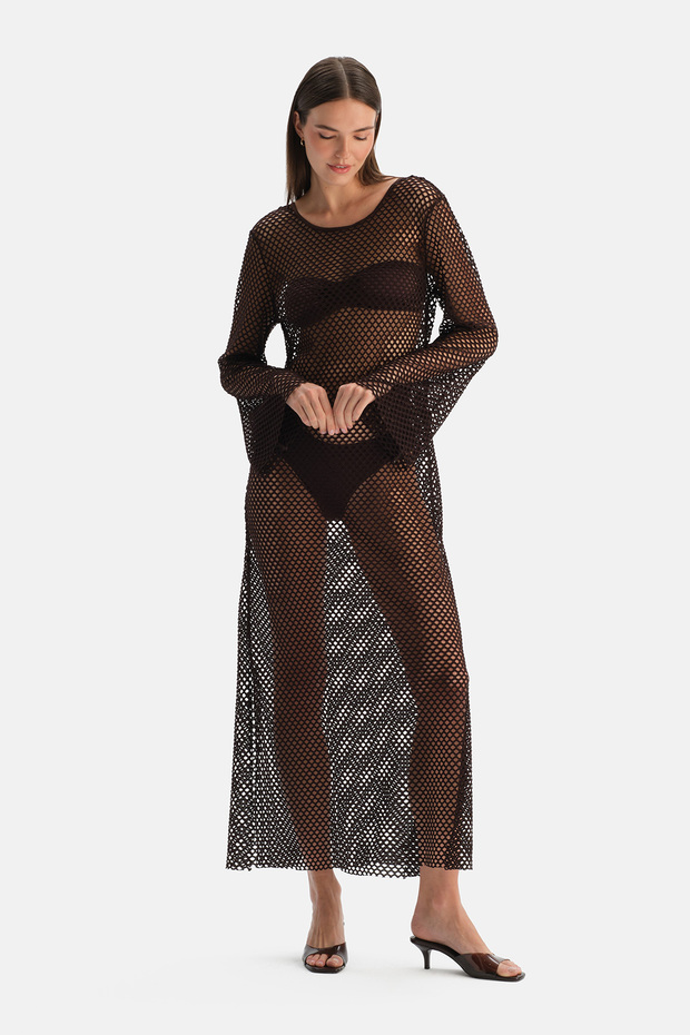 Rochie lungă din plasă maro - 1