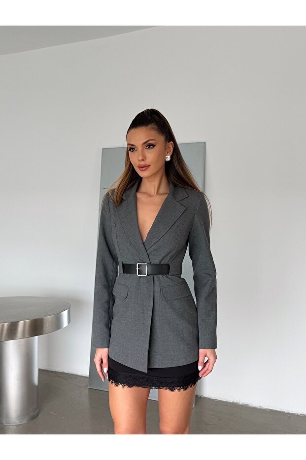 Polyviscon Belted Blazer Jacket - Anthracite - 7