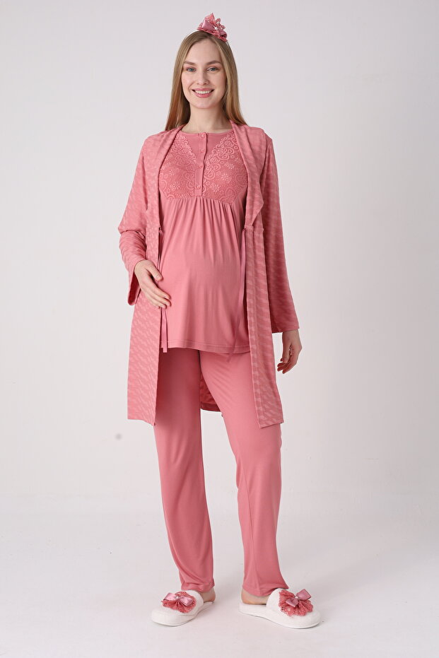 Short Robe Maternity-Pregnancy Pajama Set 3-Piece Set