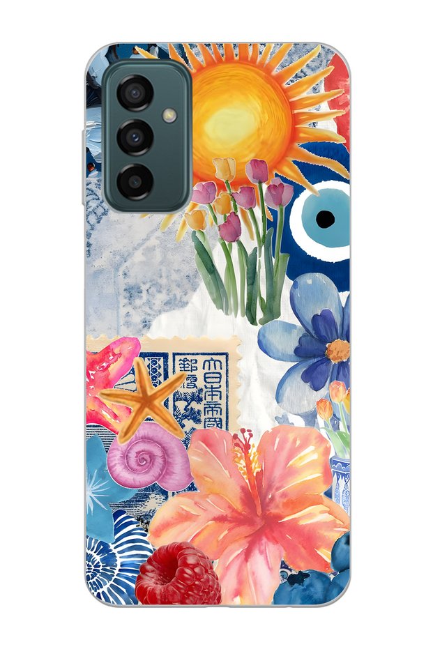 Samsung Galaxy M13 / M23 Compatible Transparent Phone Case with Sunflowers and Evil Eye Pattern