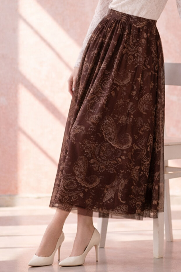 Patterned Tulle Skirt A222 Brown