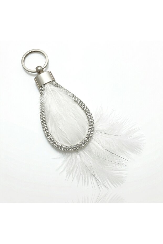 Crystal Stone Feather Cord Auto Keychain Silver