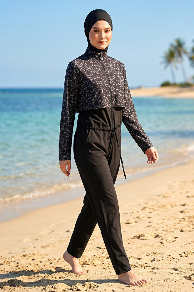 Jumpsuit Sport Lycra Full Covered Hijab Swimsuit 6266 Black