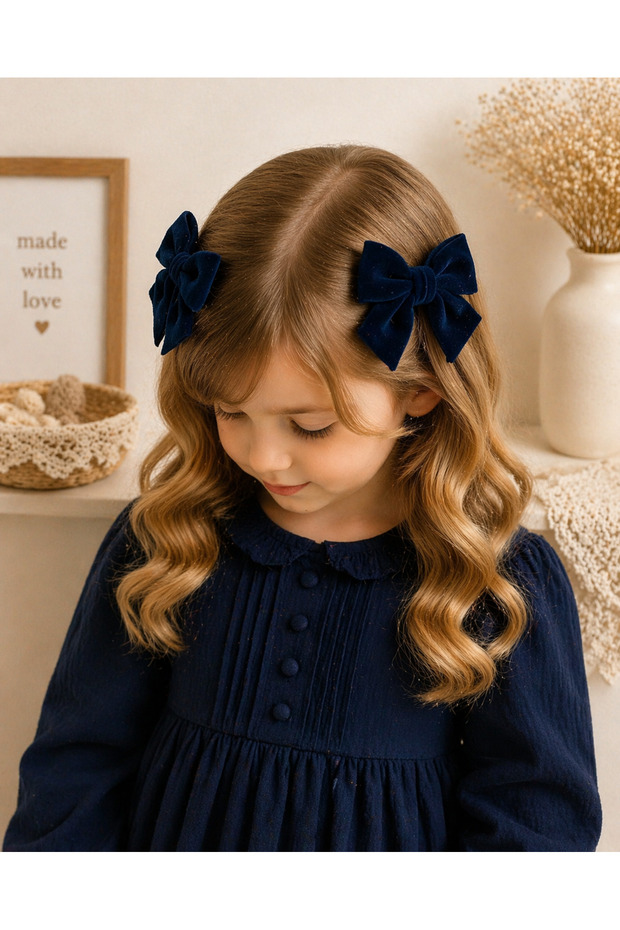 Cobalt Blue Velvet Bowknot Hair Accessory for Girls, Set of 2