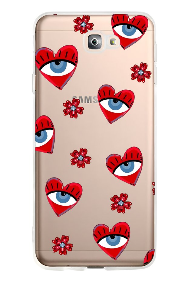 Samsung Galaxy J7 Prime Compatible Transparent Phone Case with Heart and Evil Eye Pattern