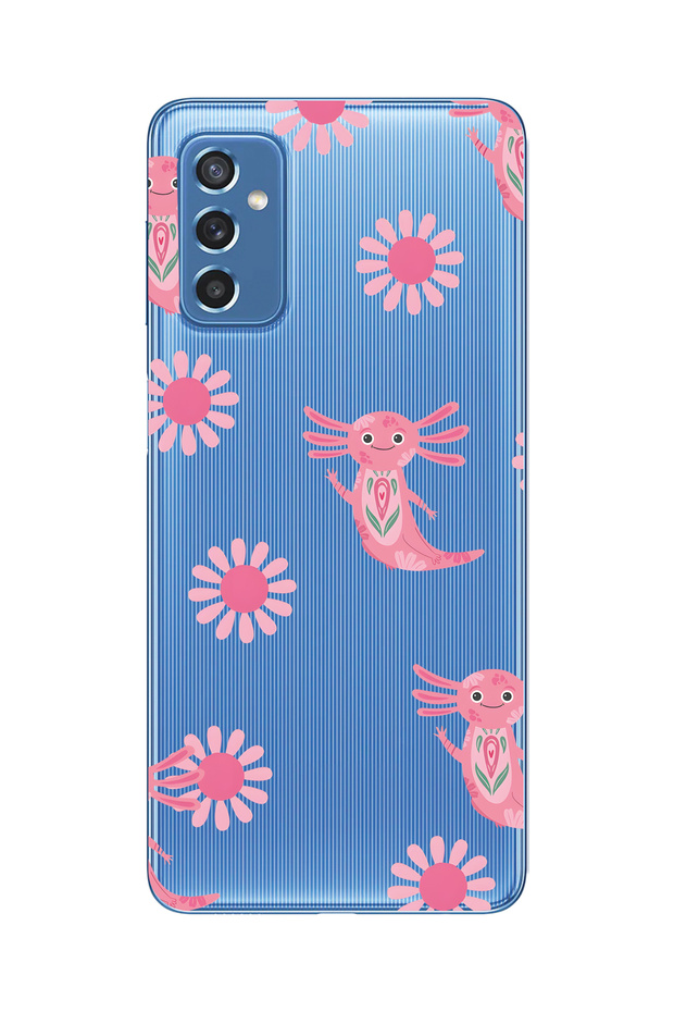 Samsung Galaxy M52 Compatible Pink Axolotl Patterned Transparent Phone Case