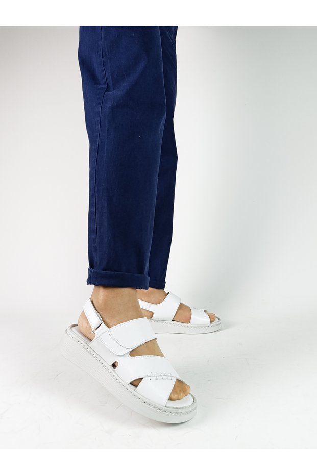 Genuine Leather White Color Strappy Flat Sole Women's Sandals between Size 36-40 Leather Sandals