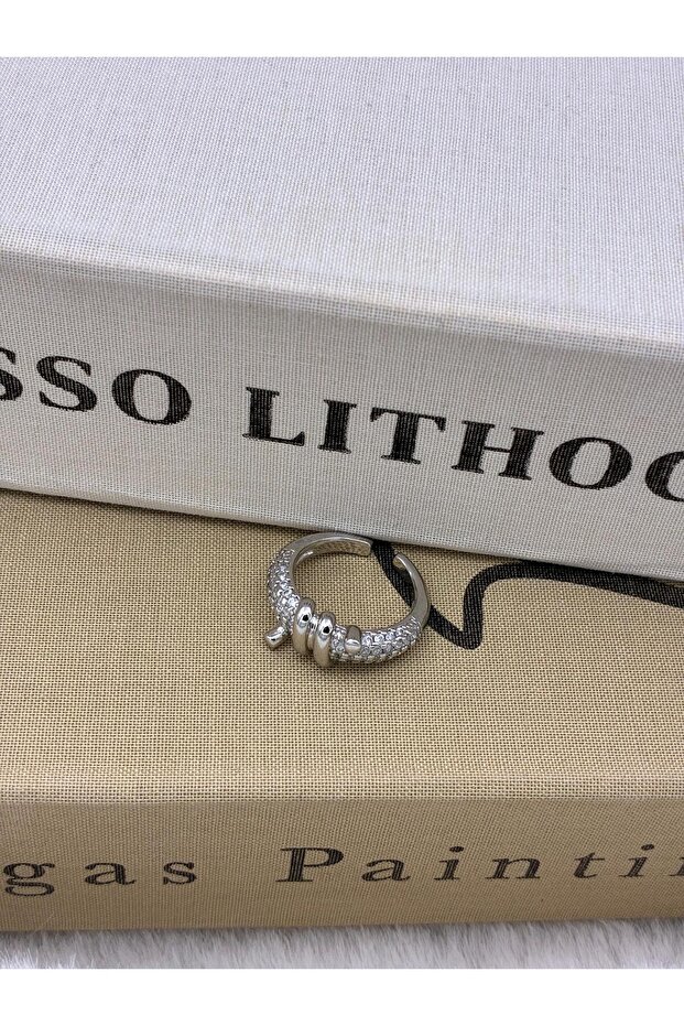 Silver Color Zircon Stone Adjustable Brass Ring with Snake Detail T2
