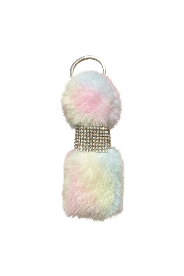 Soft Furry Crystal Stone Plush Fur Puff Keychain Bag Ornament Rainbow