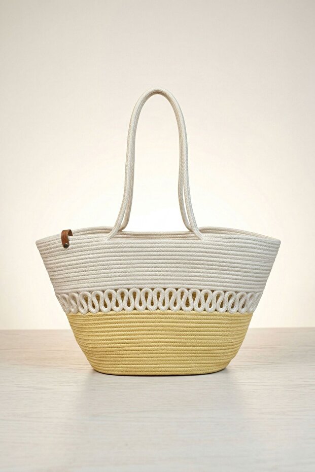 Double Color Patterned Jute Straw Look Beach Bag - Stylish Summer Shoulder Bag - Bohemian