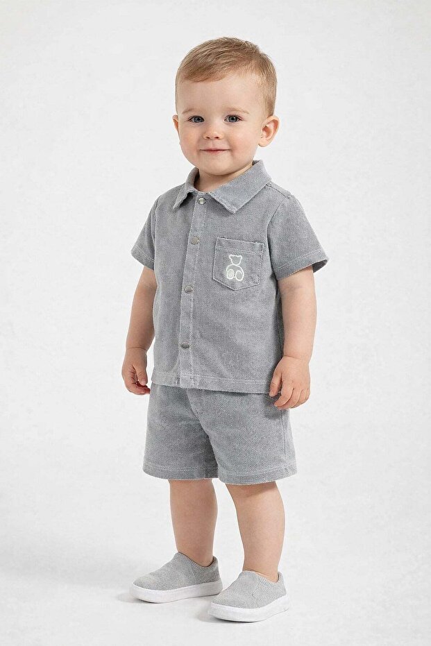 Baby Boy Reflective Bear Printed (Glows in the Light) 2-Piece Summer Set with Denim Look Polo Collar and Snap Fasteners