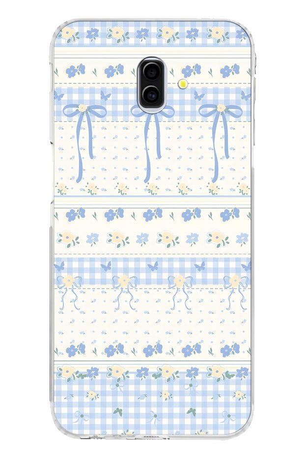 Samsung Galaxy J6 Plus Compatible Blue Bow and Flower Pattern Transparent Phone Case