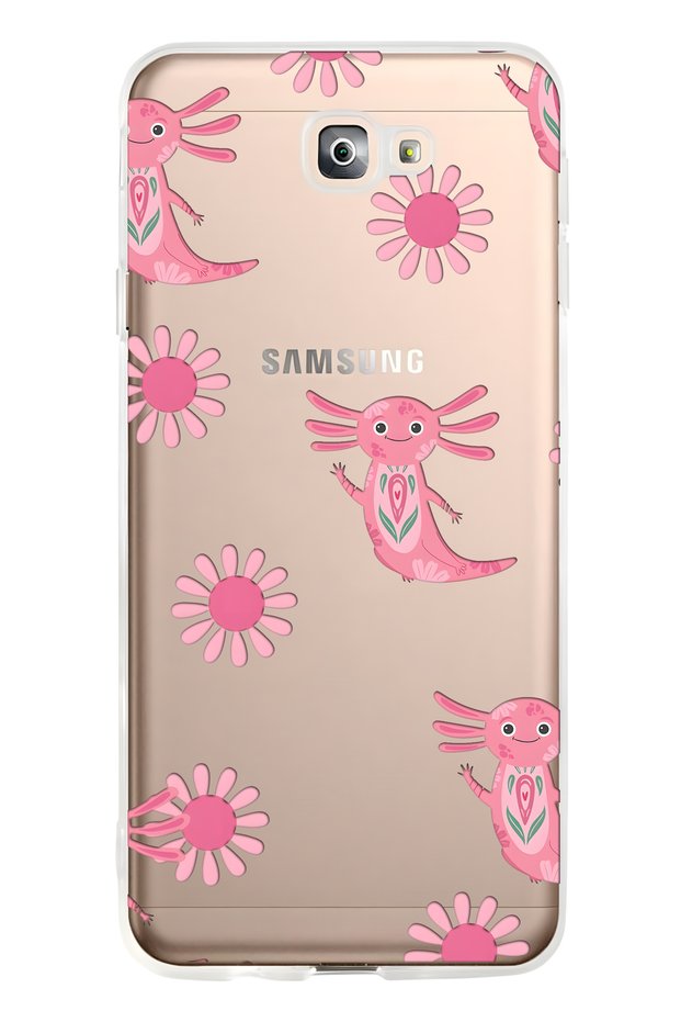 Samsung Galaxy J7 Prime Compatible Pink Axolotl Patterned Transparent Phone Case
