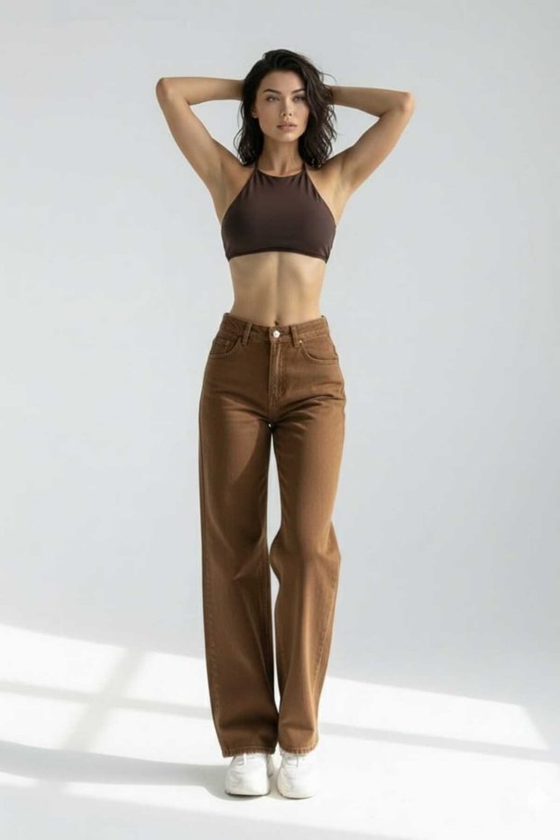 Dyon Lycra Women's Brown Super High Waist Loose Leg Denim Loose Palazzo Trousers