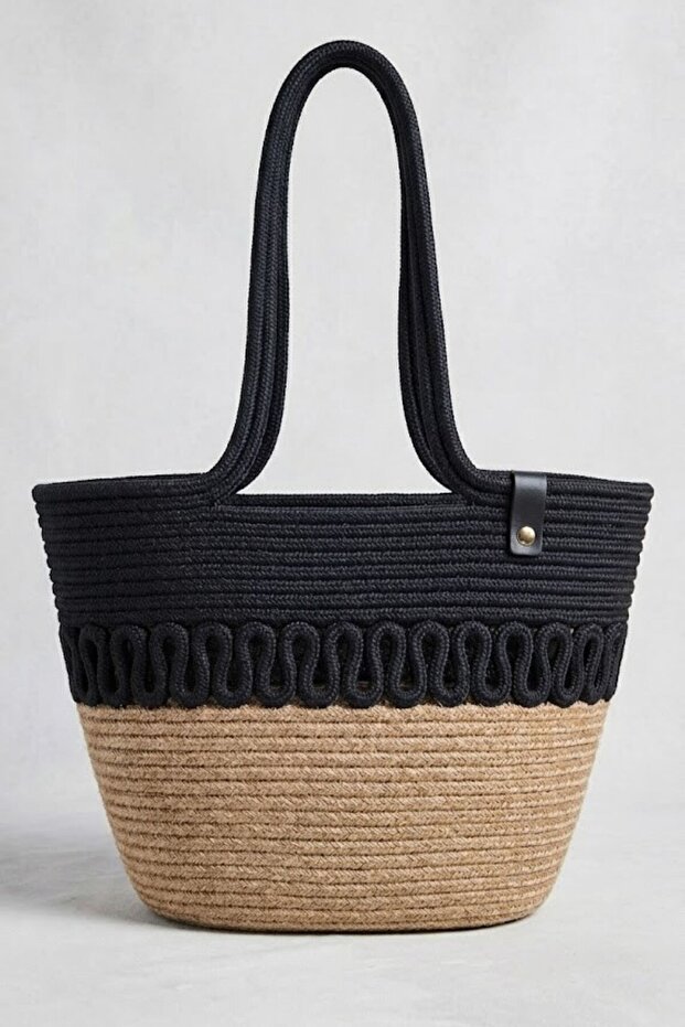 Double Color Patterned Jute Straw Look Beach Bag - Stylish Summer Shoulder Bag - Bohemian