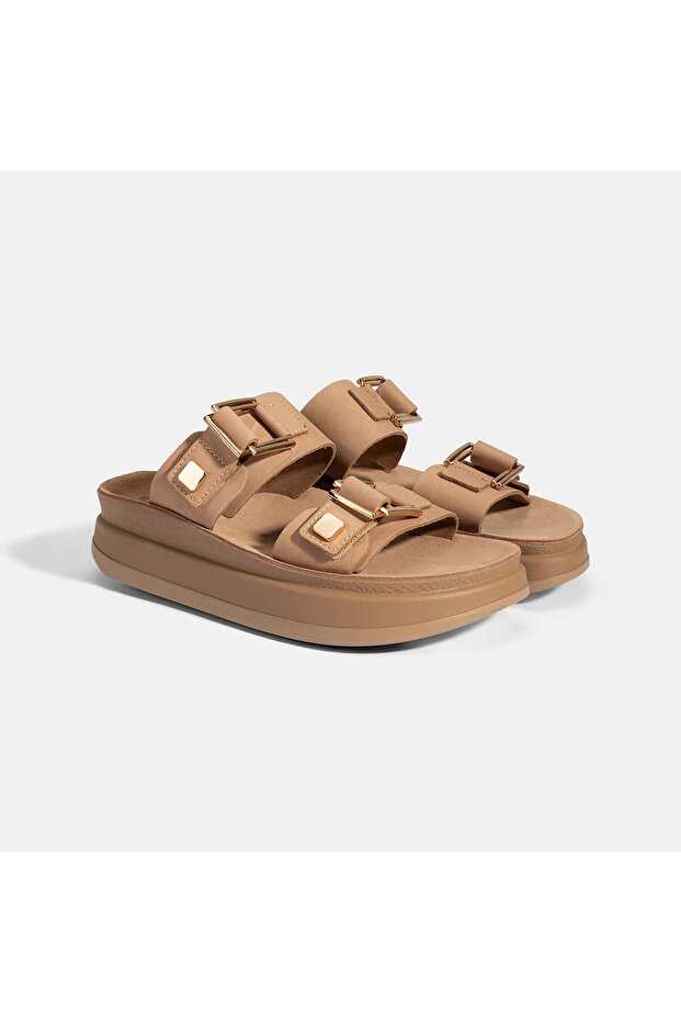 Women's Leather Buckle Wedge Heeled Nubuck Leather Slippers