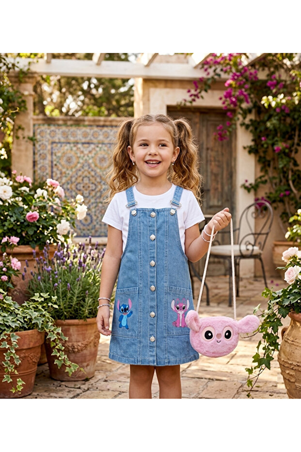 Aymini Kids STİTCH BASKILI KIZ ÇOCUK DENİM KOT JİLE ÇİFT CEPLİ VE NAKIŞ İŞLEMELİ PELUŞ ÇANTA