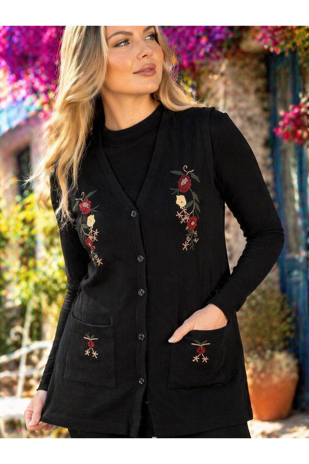 Women's Black Daily Floral Embroidered Buttoned Pocketed Mother Vest
