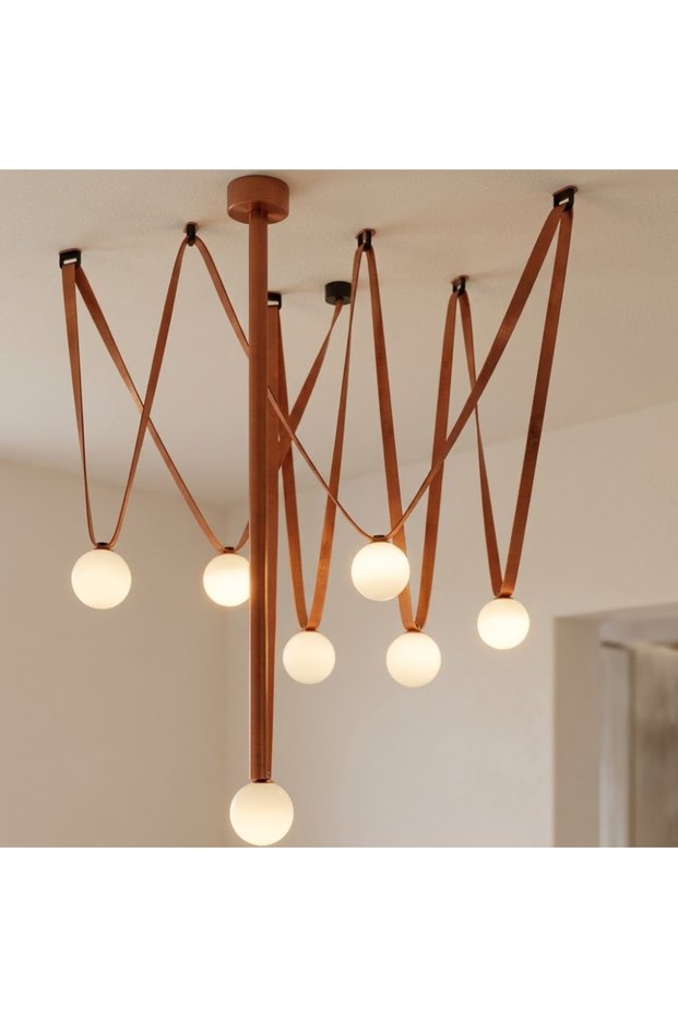 Lines Modern Mid-Century Chandelier with Cognac Leather Straps – Adjustable Spider Pendant Lighting for Dining Room, Kitchen Island, Living Room – Industrial Nordic Globe Hanging Light Fixture