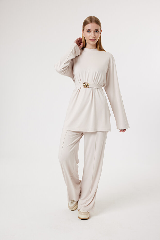 6478 - Stylish Comfortable Soft Lina Interlock Modal Fabric Shoulder Button and Waist Belt Detailed Loose Women's Set