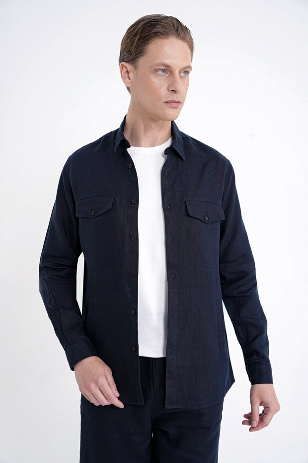 Men's Comfort Fit 100% Linen Navy Blue Shirt Jacket with Side Pockets g 1602