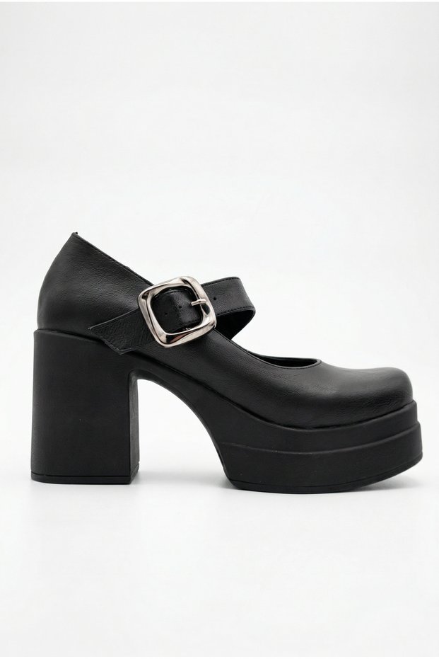 Women's High Heeled Stylish Buckle Elastic Band Closed Toe Black Ballerina Loafer Shoes