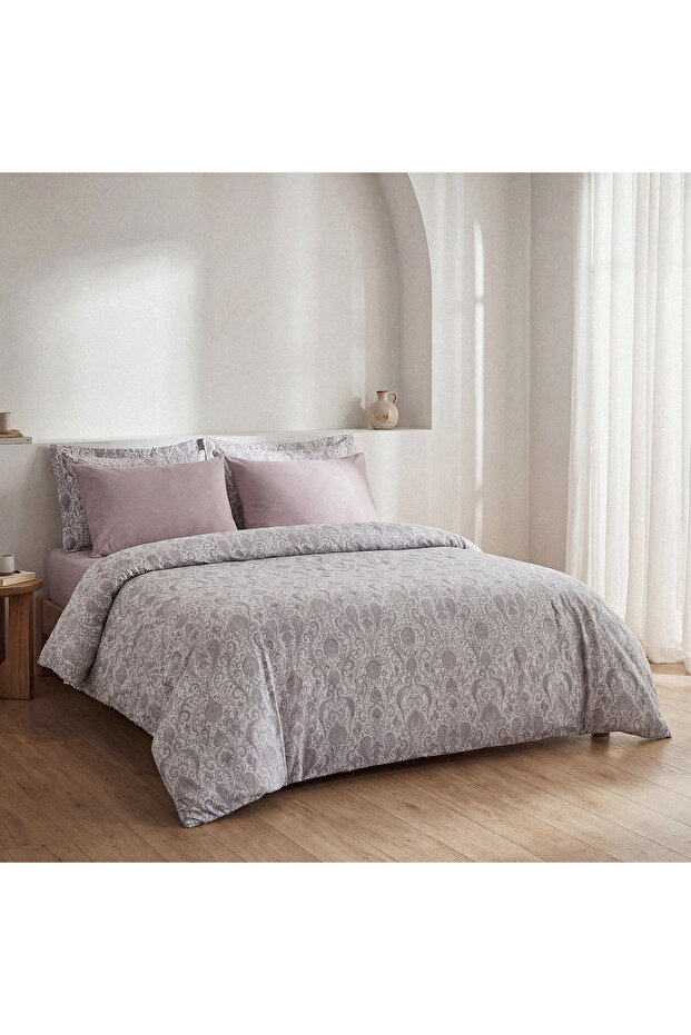 Serena Elegant Balance Double Duvet Cover Set - 100% Aegean Cotton - with Sheets - 4 Pillows Lilac