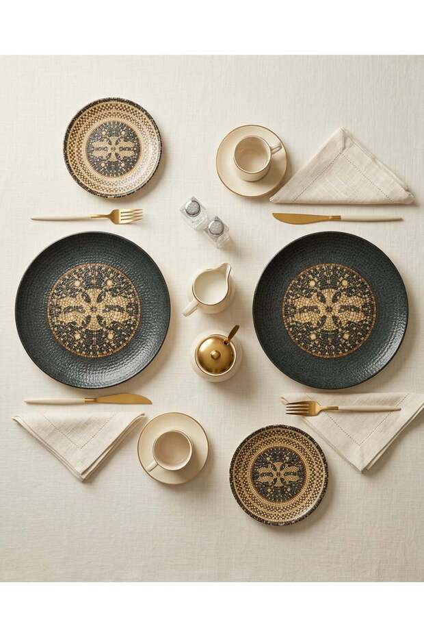 Bonna Porcelain Mesopotamia Mozaic Anthracite 2-Person Catering Set-Breakfast Set-4 Pieces