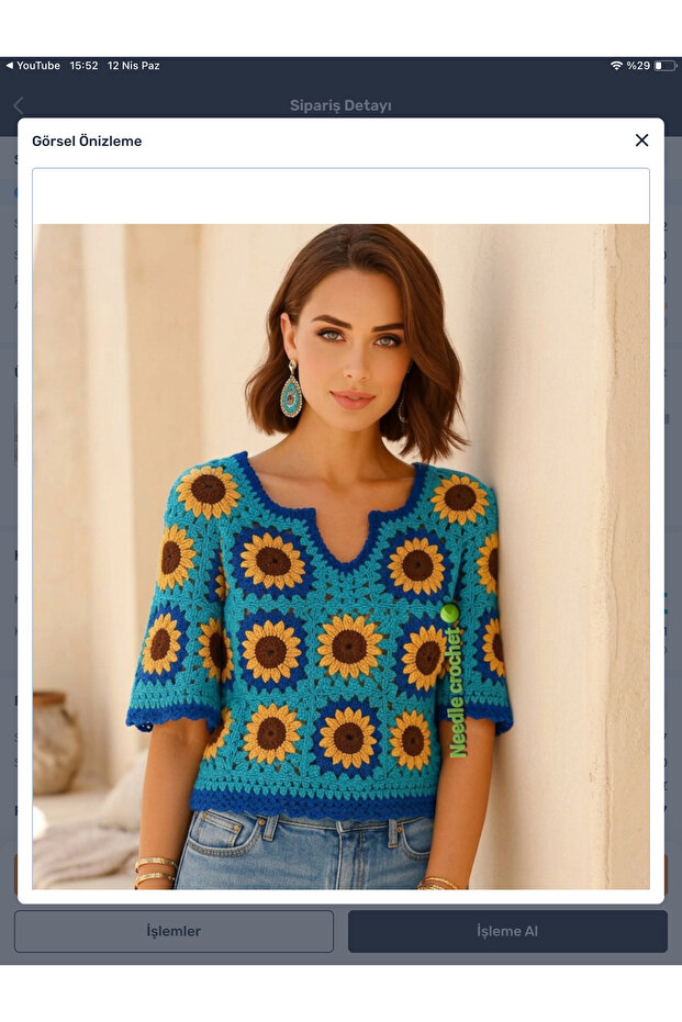 Sunflower Motif Hand-Knitted Crochet Turquoise Spring-Summer Blouse Mother's Day Gift