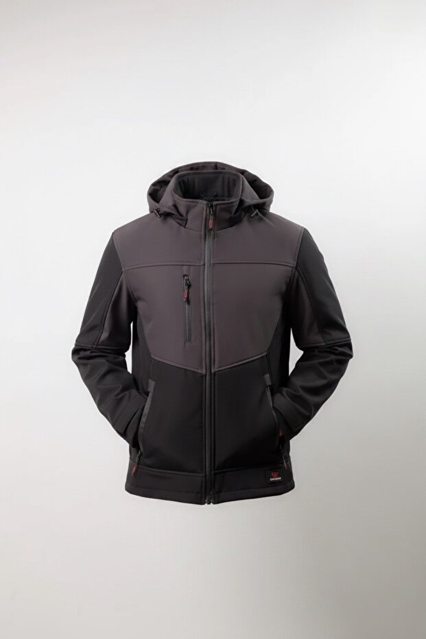 Men's Comfortable Fit Softshell Winter Hooded Coat Windproof Water Repellent with Fleece Inside Black Smoked