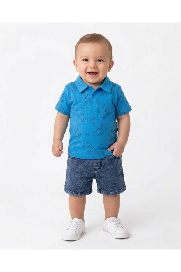 Baby Boy Summer Dinosaur Printed Polo Collar T-Shirt 6-9-12-18-24 Months Denim Shorts Stylish Holiday Set