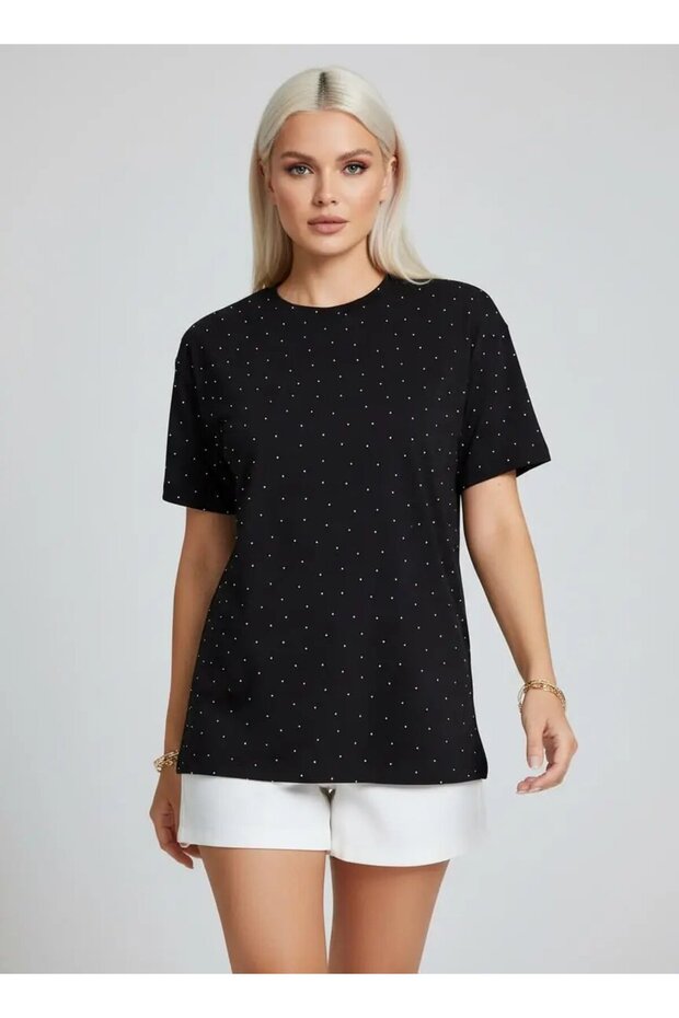 26047 100% Cotton Women's Crew Neck Stone Embroidered Oversize Combed Cotton Blouse