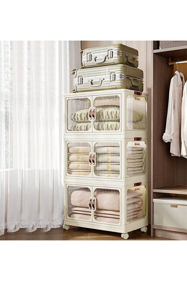 3-Tier Plastic Storage Cabinet with Double Doors with Wheels for Home & Kitchen (53x32x88 cm)